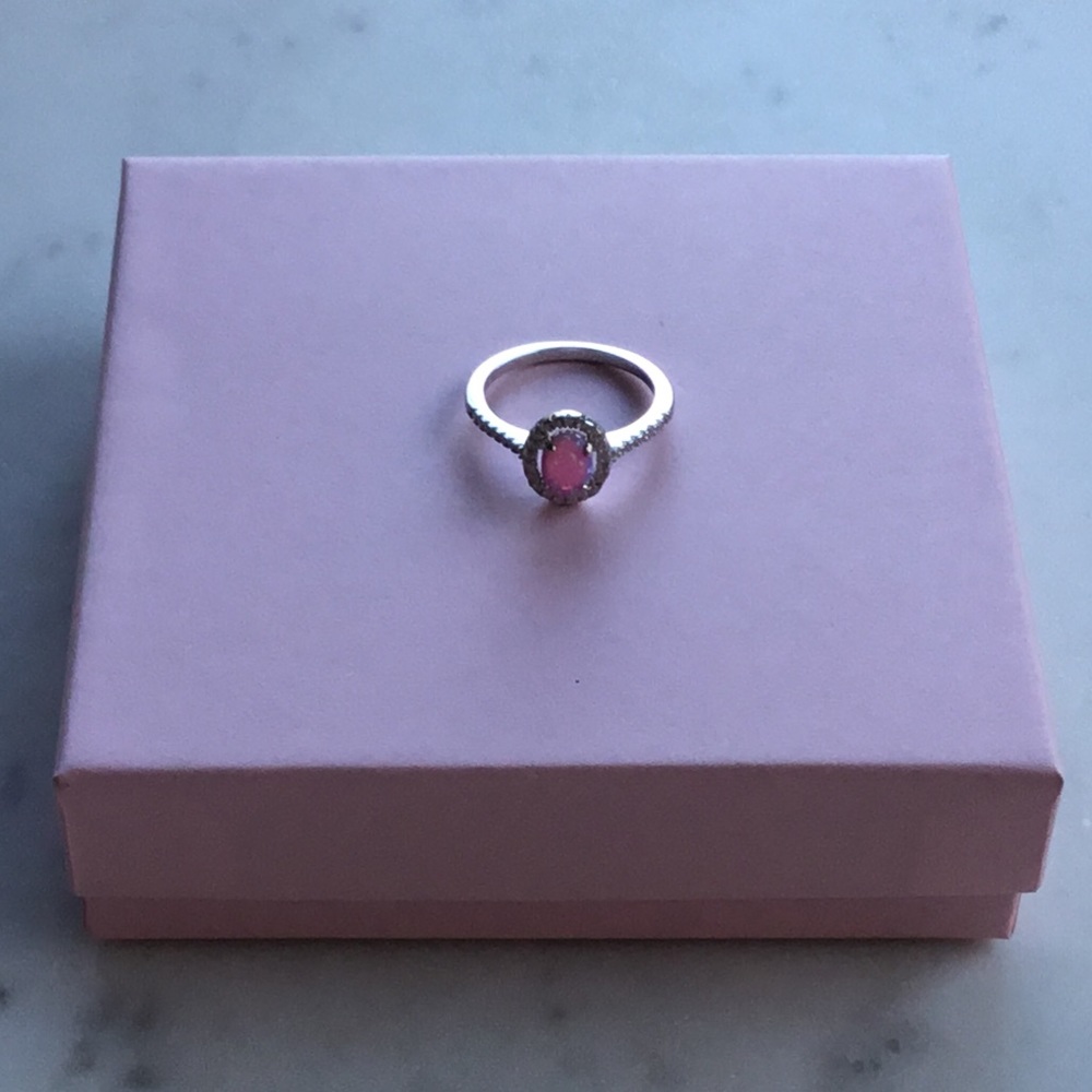 Sterling Pink Lab Opal and Clear CZ Oval Halo Ring - Picture 15 of 16